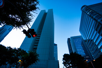 夕暮れの新宿のオフィスビル群