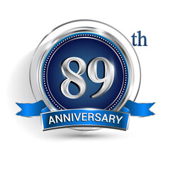 Celebrating 89th anniversary logo, with silver ring and ribbon isolated on white background.