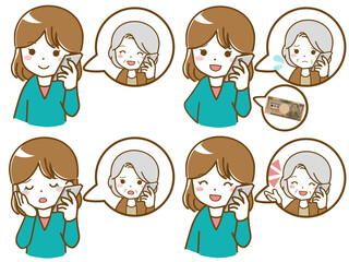 祖母と電話で話す女性