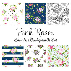 Pink roses bouquets pattern set, pink roses collection, and unfit colored cartoon illustration with tiny blue dots white background.	