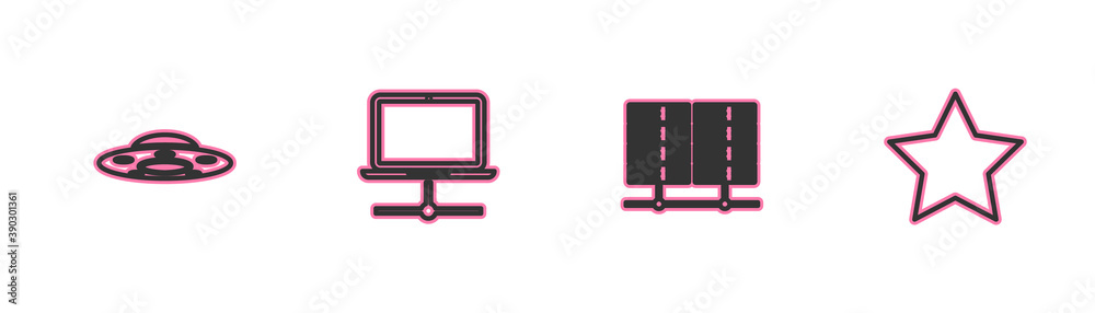 Wall mural set line ufo flying spaceship, server, data, web hosting, computer network and star icon. vector.