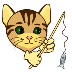 cool cat fisherman holds in his hands a fishing rod with caught fish, color vector clip art on isolated background