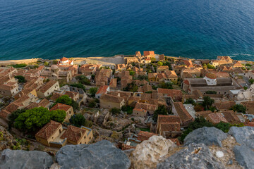 Fototapeta na wymiar View from upper town the medieval castle of Monemvasia, Lakonia, Peloponnese.