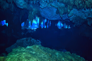 underwater cave stalactites landscape, cave diving, yucatan mexico, view in cenote under water