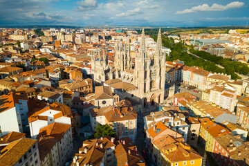 Picturesque aerial view of summer Burgos cityscape overlooking Gothic steeples of Cathedral of Saint Mary, Spain © JackF