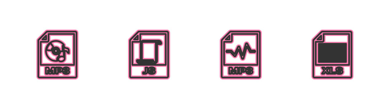 Set line MP3 file document, , JS and XLS icon. Vector.