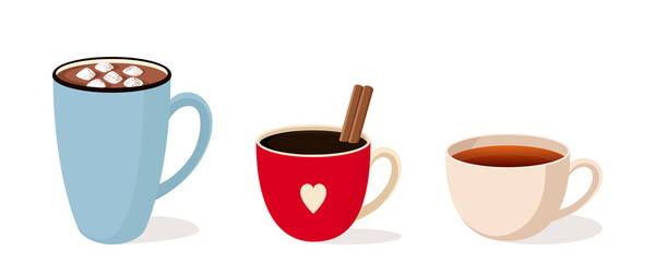 A set of three different mugs. A Cup of cocoa with marshmallow a Cup of black coffee with a cinnamon stick, a Cup of black or red tea. Vector stock flat illustration isolated on a white background.