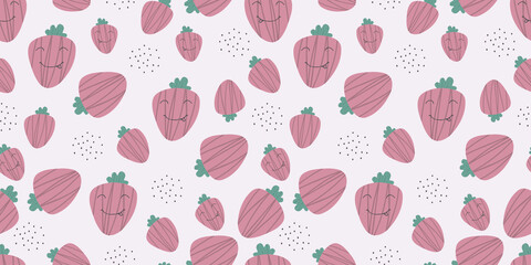 Seamless background with fruits. Vector illustration. Suitable for fabric, wallpaper, kitchen design. Strawberries in a cartoon style