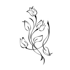 ornament 1365. three flower buds on curved stems with leaves in black lines on white background