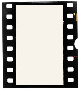 film strip isolated on white, blank 35mm film snip with frame edge number 1.