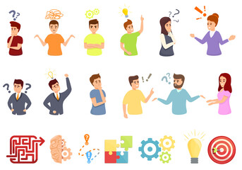 Problem solving icons set. Cartoon set of problem solving vector icons for web design