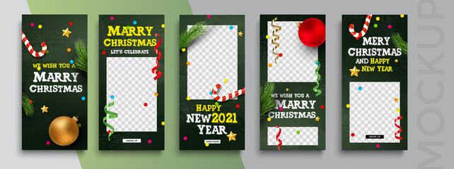 Editable Christmas and New Year stories vector template for social media. Instagram	