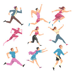Fototapeta na wymiar People Characters Running and Pushing Forward in a Hurry Vector Illustration Set