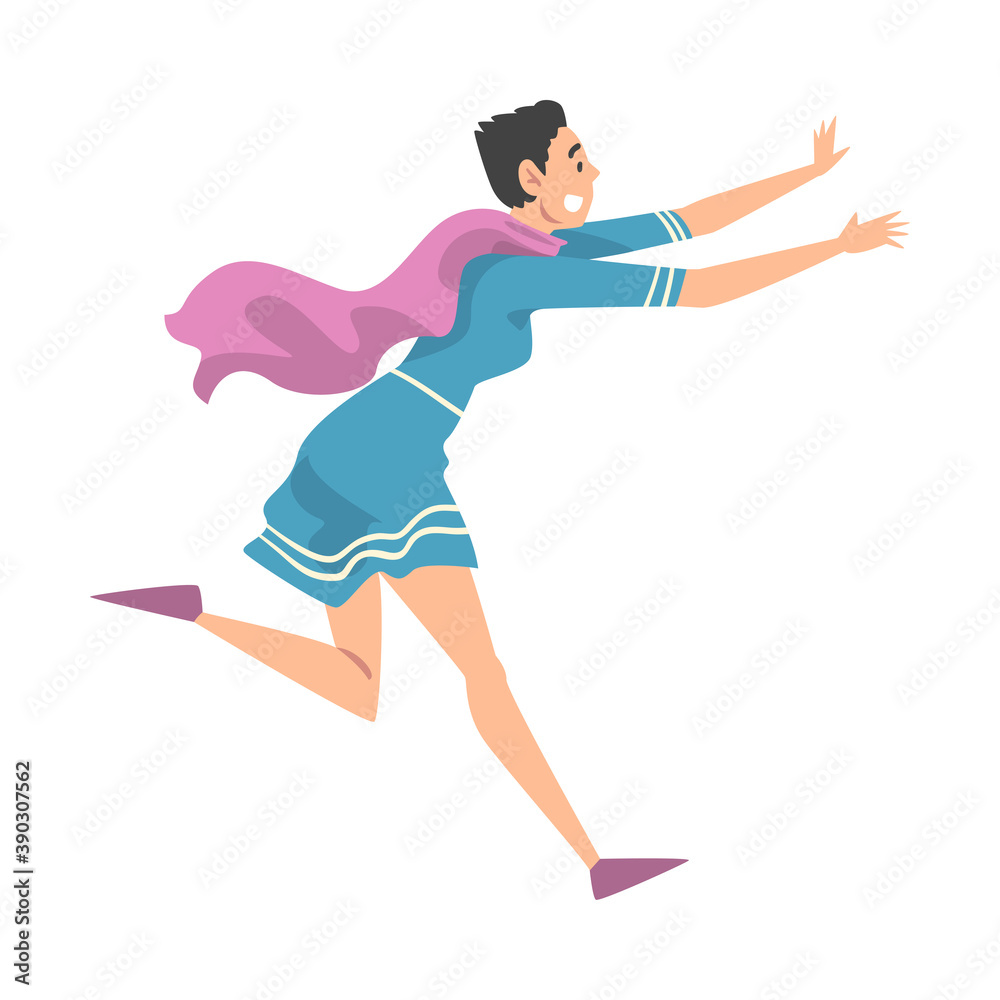 Wall mural frightened young woman in blue dress running away cartoon style vector illustration