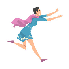 Frightened Young Woman in Blue Dress Running Away Cartoon Style Vector Illustration