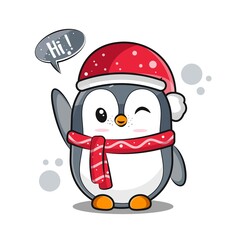 
cute penguin calling hi wearing santa hat, cartoon illustration
