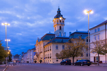 Illustration of view on City Hall in night light of Szeged in Hungary.