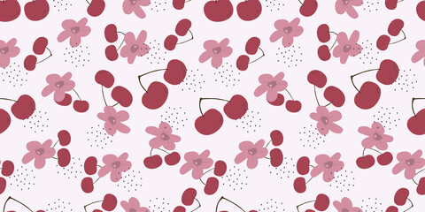 Seamless background with fruits. Vector illustration. Suitable for fabric, wallpaper, kitchen design. Cherries in cartoon style