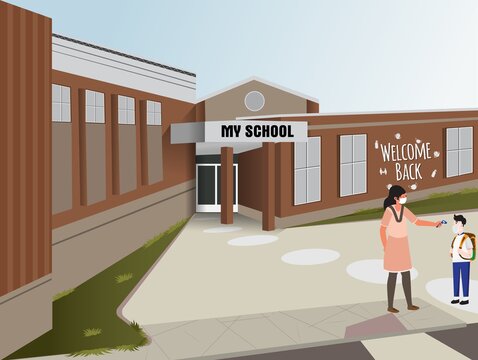 Back to school illustration with covid instraction, School, teacher character with school realistic building template