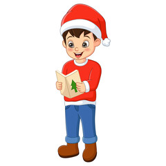 Cute little boy wearing Santa clothes singing Christmas carol