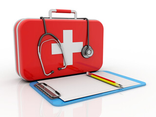 3d rendering First aid kit with stethoscope