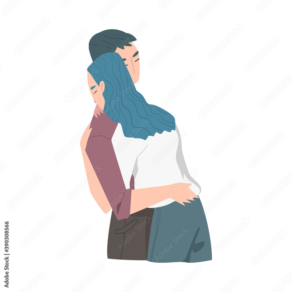 Poster Romantic Couple in Love Hugging, Girl and Guy Embracing Each Other Cartoon Style Vector Illustration