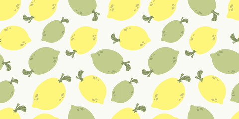 Seamless background with fruits. Vector illustration. Suitable for fabric, wallpaper, kitchen design. Lemon in cartoon style.