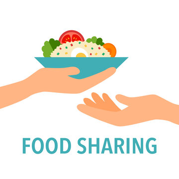 Food sharing concept vector illustration on white background. Hand giving plate of food to people. Time for sharing.