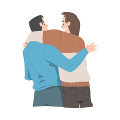 Two Men Hugging, View from Behind, Male Friendship Concept Cartoon Style Vector Illustration