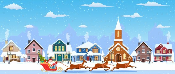 happy new year and merry Christmas winter old town street. christmas town city seamless border panorama. Santa Claus with deers. Vector illustration in flat style.