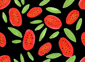 abstract halves of tropical fruit papaya with green leaves on a black background, freehand abstract seamless pattern with live materials