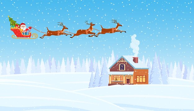 A house in a snowy Christmas landscape. Santa Claus flying on a sleigh. concept for greeting or postal card. Merry christmas holiday. New year and xmas celebration