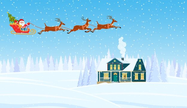 A house in a snowy Christmas landscape. Santa Claus flying on a sleigh. concept for greeting or postal card. Merry christmas holiday. New year and xmas celebration