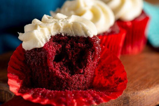 Red velvet cupcakes, dessert background.