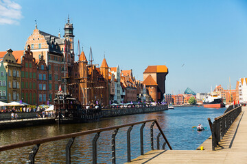 Beautiful day of Motlawa river embankment in historical part of Gdansk, Poland
