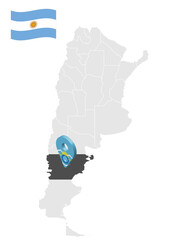 Location of  Chubut Province  on map Argentina. 3d location sign similar to the flag of Chubut . Quality map  with  provinces of  Argentina for your design. EPS10.