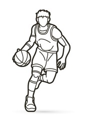 Basketball player action cartoon outline graphic vector