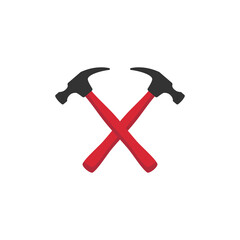 Red crossed carpenter hammers. Handyman, locksmith, joiner claw hammer tool for repair and maintenance