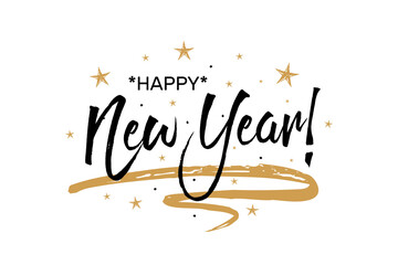 Happy New Year card. Hand sketched lettering typography. Drawn art sign. Motivational text. Greetings logotype, badge, icon, postcard, logo, web banner, tag. Celebration vector isolated illustration.