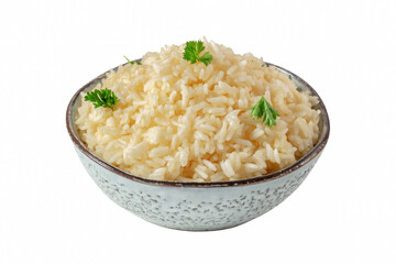 Rice, isolated on a white background with a clipping path. Minimal dish, cooked, served with fresh parsley leaves