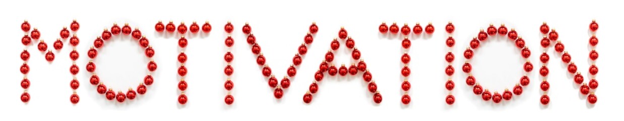 Red Christmas Ball Ornament Building English Word Motivation. Festive Christmas Decoration. White Isolated Background