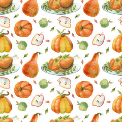 Watercolor seamless pattern on white background. Pupmkin,  Turkey dish, a piece of pieand leaves for the Thanksgiving Day and autumn textures