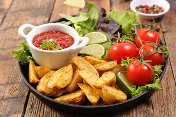 french fries with salad and ketchup