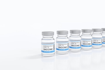Coronavirus (COVID 19) vaccine bottles in row with copy space on white background. 3d render illustration.