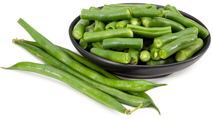 green beans in a black plate isolated on white background. Clipping path and full depth of field