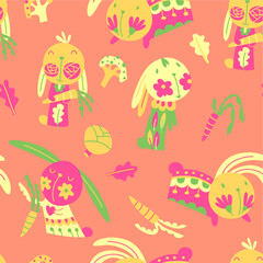 Cute bunnies with vegetables. Seamless pattern with pretty animals, carrots, broccoli and cabbage. Doodle vector illustration on red background