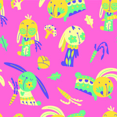 Cute bunnies with vegetables. Seamless pattern with pretty animals, carrots, broccoli and cabbage. Doodle vector illustration on pink background