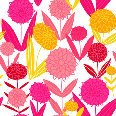 Pink and yellow flowers on a white background. Vector seamless pattern for wallpaper, wrapping paper, fabric