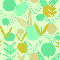Seamless vector pattern with flowers. Green floral summer print for background, wallpaper, fabric. botanical illustration