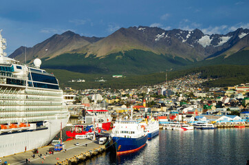 Modern Celebrity cruiseship or cruise ship liner Eclipse in port of Ushuaia, Argentina with...